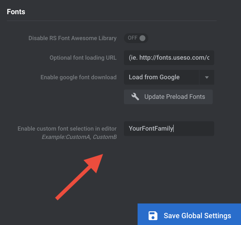 Highlighting Custom Font Addition in Globals Settings of Slider Revolution Plugin for WordPress