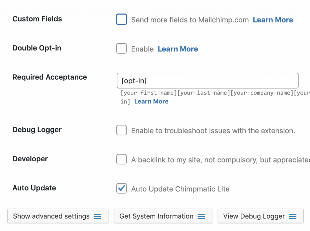 Set the "Required Acceptance" mail-tag and check "Custom Fields" in Contact Form 7 Extension For Mailchimp